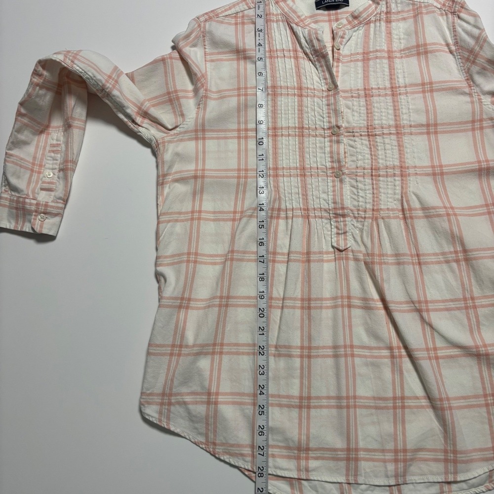 Lands End Tunic Medium Womens Pink White Plaid Cotton Pintuck Band Collar - Picture 10 of 11
